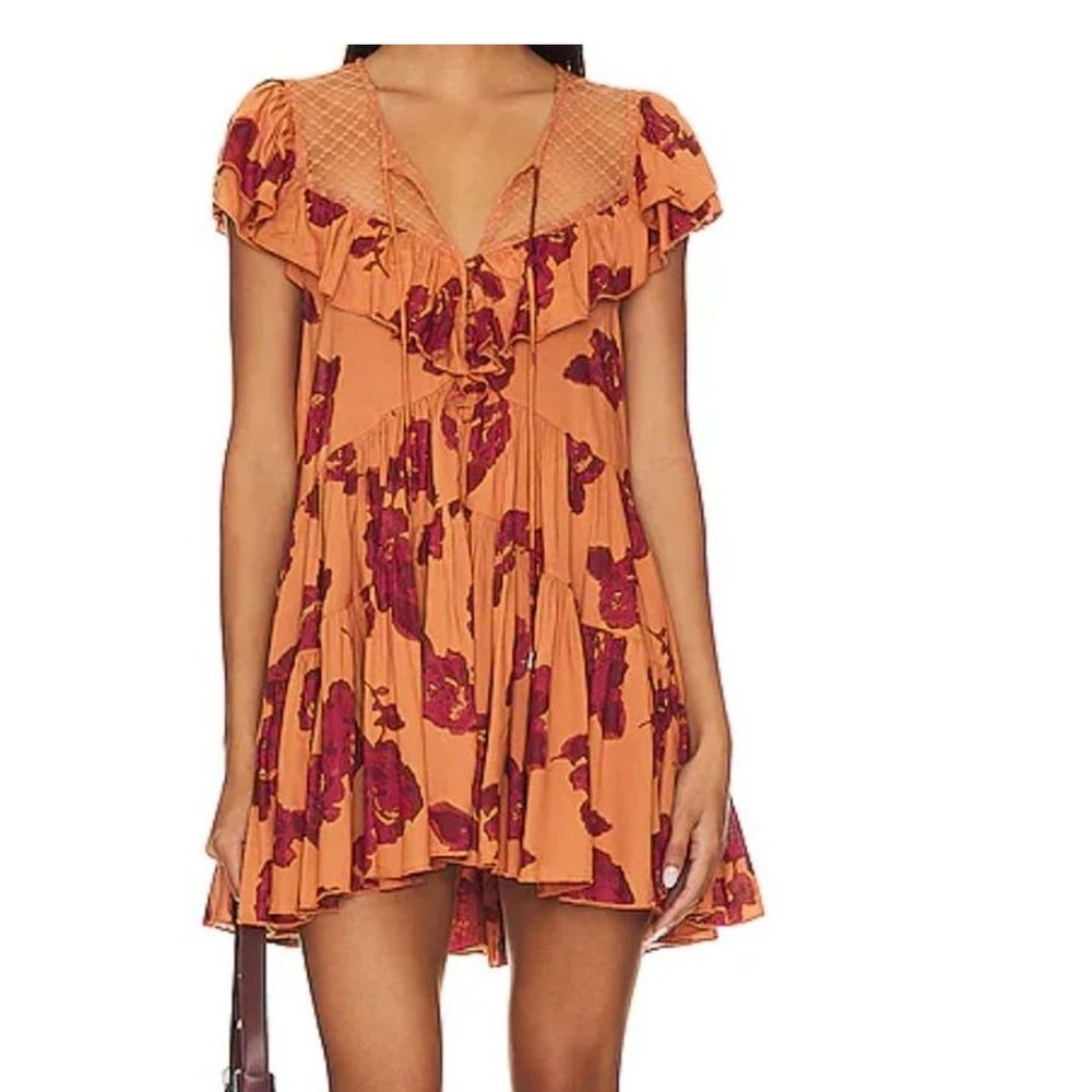 Free People Tilly Printed Tunic Dress Medium Summer Coral & Burgundy Boho - Picture 2 of 9